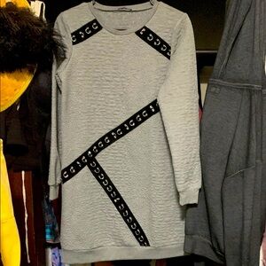 Gray Textured Dress with Black Strap Accents